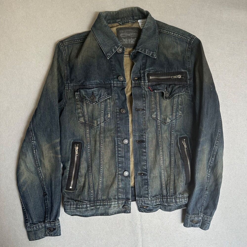 Levis Mens Medium Distressed Trucker Denim Jacket Dirty Wash Moto Zippers M
